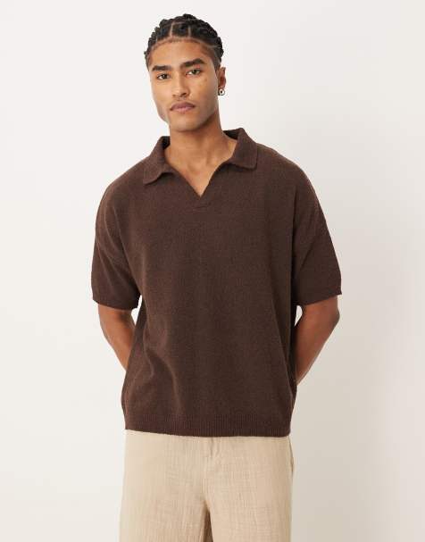 ASOS DESIGN oversized textured knitted notch neck polo in brown - view 1