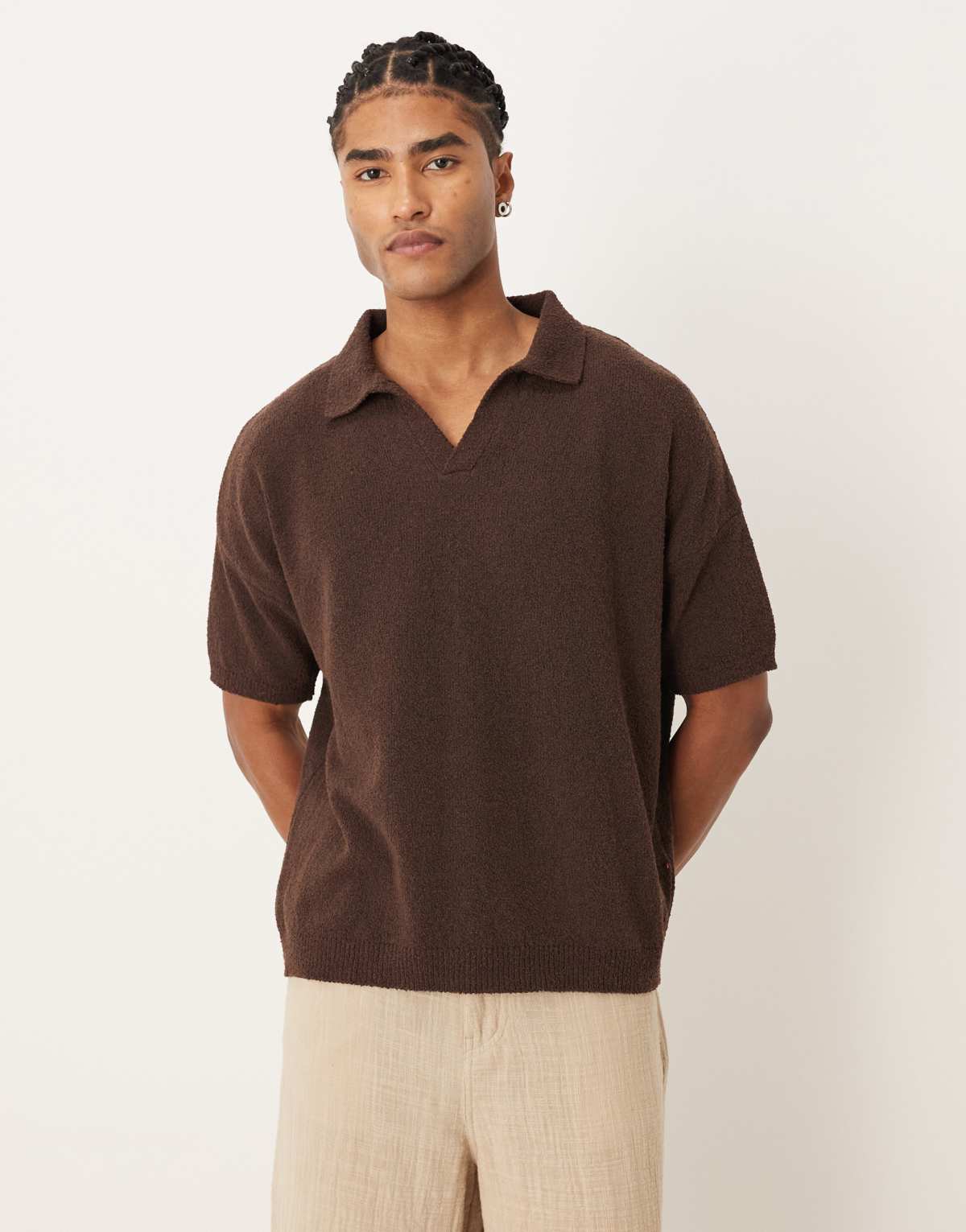 ASOS DESIGN oversized textured knitted notch neck polo in brown