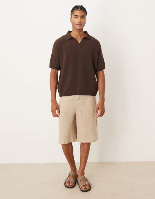 ASOS DESIGN oversized textured knitted notch neck polo in brown