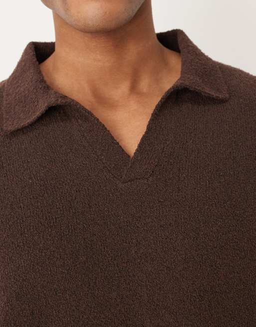 ASOS DESIGN oversized textured knitted notch neck polo in brown