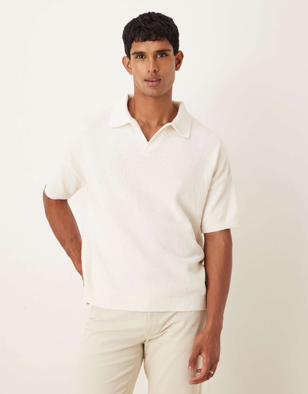 ASOS DESIGN oversized textured knitted notch neck polo in ecru
