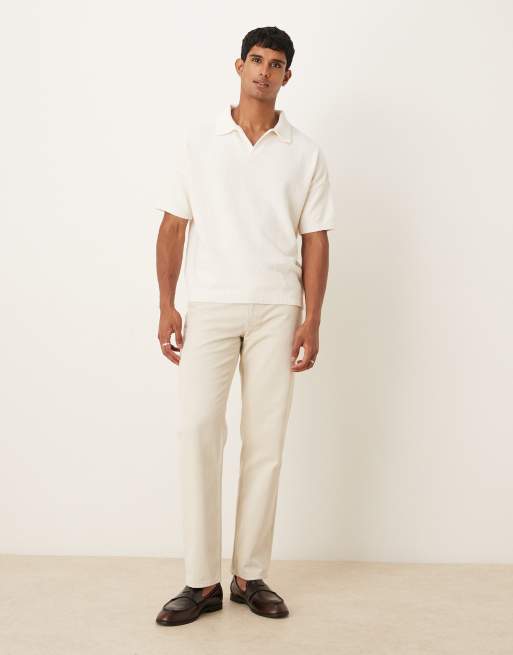 ASOS DESIGN oversized textured knitted notch neck polo in ecru