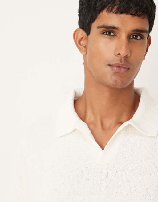 ASOS DESIGN oversized textured knitted notch neck polo in ecru