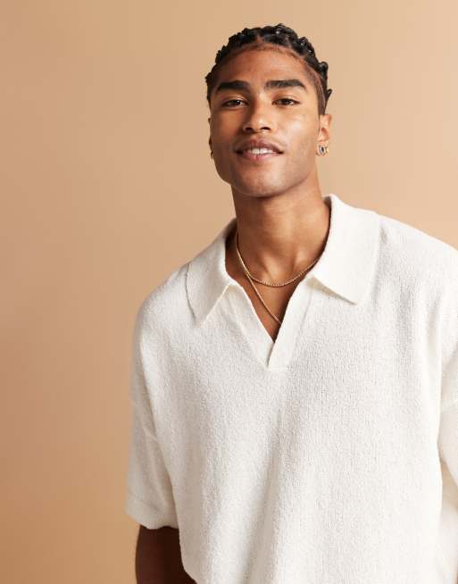 ASOS DESIGN oversized boxy fit lightweight boucle knit notch neck polo in ecru