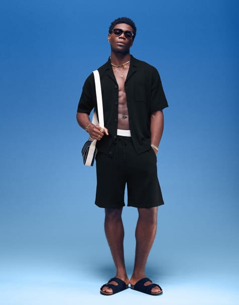 ASOS DESIGN oversized textured polo shirt and shorts co-ord in black - view 1