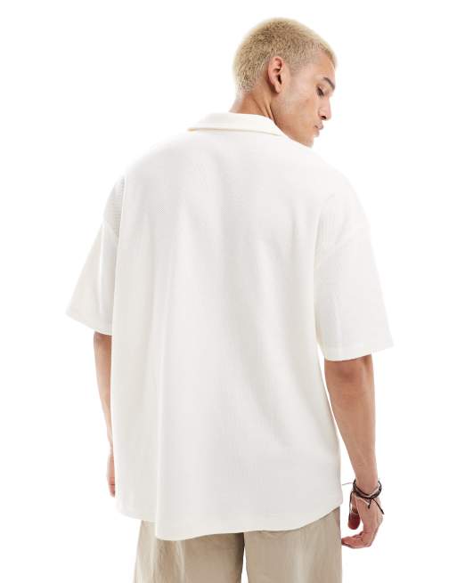 ASOS DESIGN oversized textured polo shirt in cream , 3 of 4