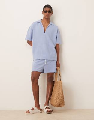 ASOS DESIGN oversized textured polo shirt in light blue - part of a set