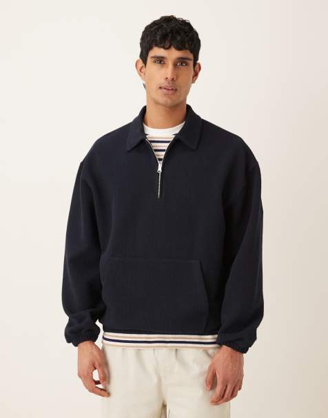 ASOS DESIGN oversized textured polo with quarter zip in navy - view 1