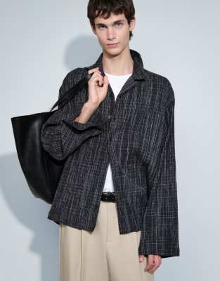 Asos Design Oversized Textured Revere Check Shirt In Black