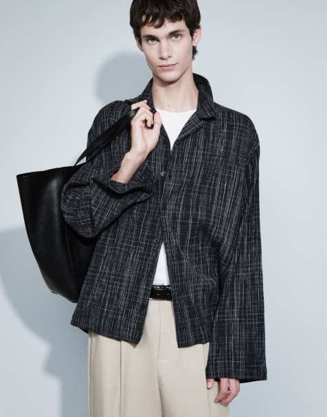 ASOS DESIGN oversized textured revere check shirt in black - view 1