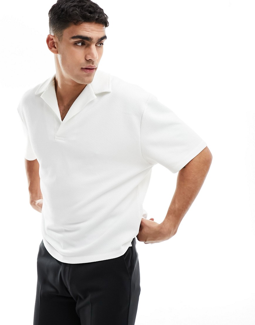 Asos Design Oversized Textured Revere Collar Polo Shirt In White