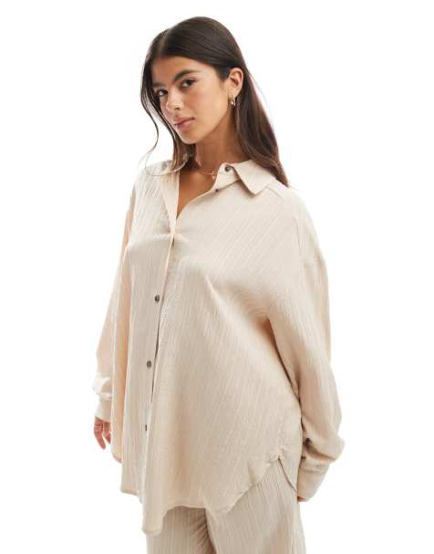 ASOS DESIGN oversized textured shirt co-ord in stone  - view 1