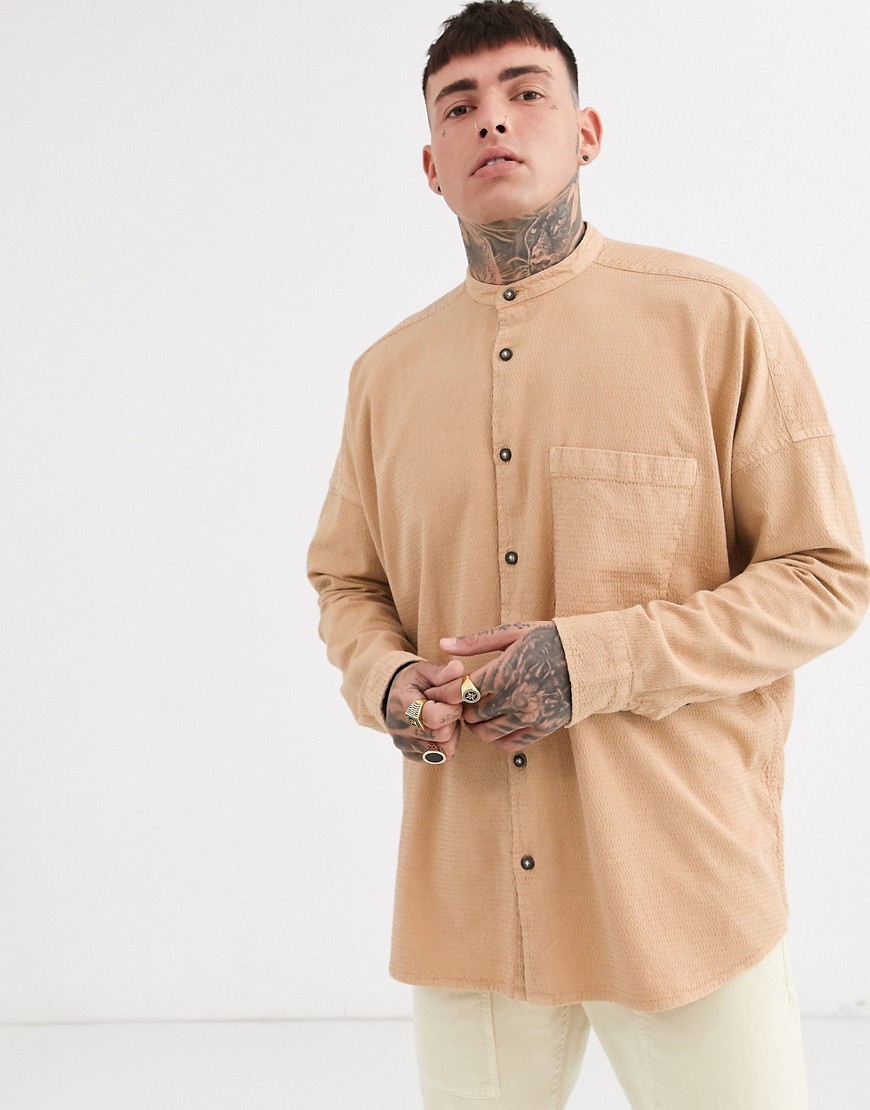 ASOS DESIGN oversized textured shirt in brown in longline