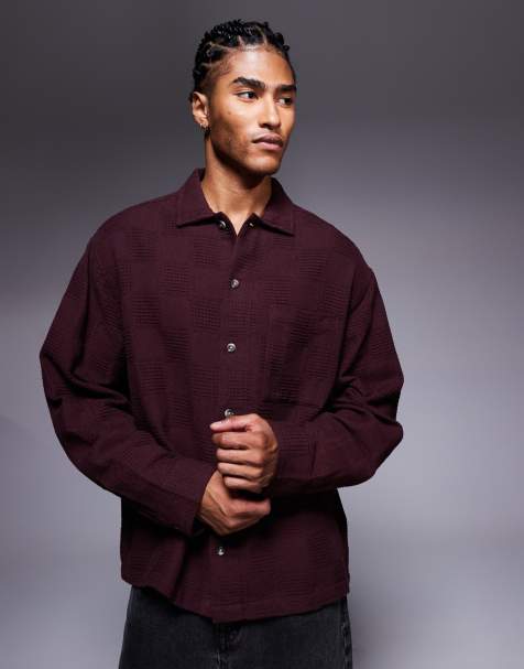 ASOS DESIGN oversized textured shirt in burgundy - view 1