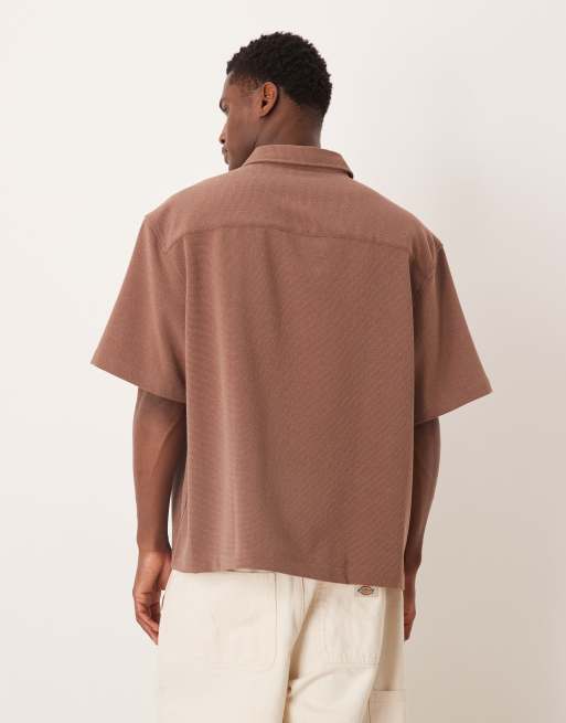 ASOS DESIGN oversized textured shirt with chest embroidery in brown, 3 of 5