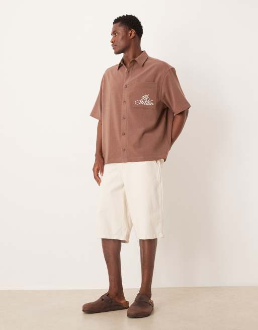 ASOS DESIGN oversized textured shirt with chest embroidery in brown, 4 of 5