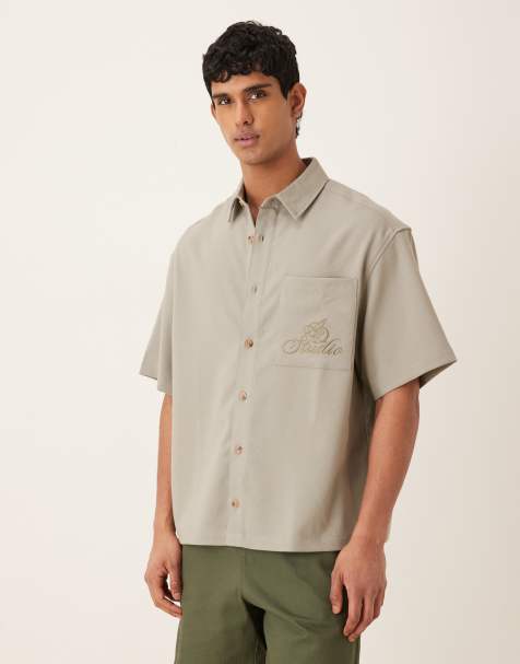 ASOS DESIGN oversized textured shirt with chest embroidery in sage green - view 1