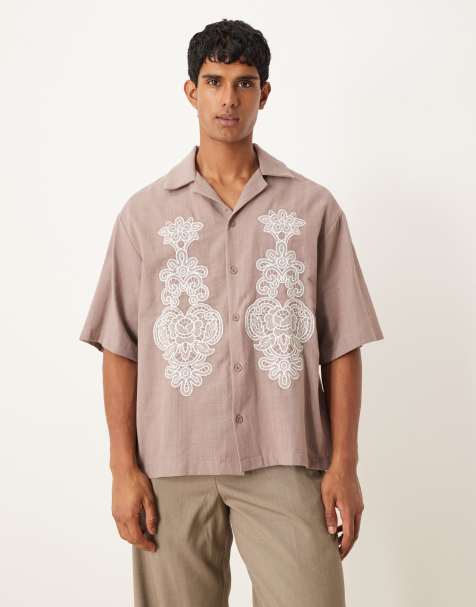 ASOS DESIGN oversized textured shirt with embroidery in brown - view 1