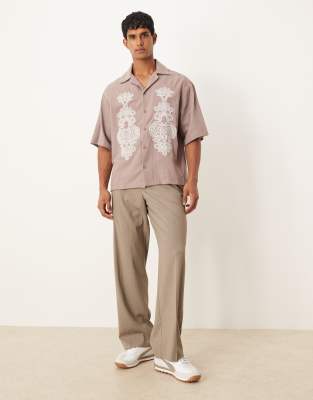 Asos Design Oversized Textured Shirt With Embroidery In Pink