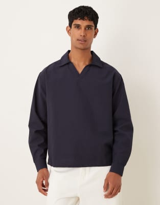 Asos Design Oversized Textured Shirt With Open Collar In Blue