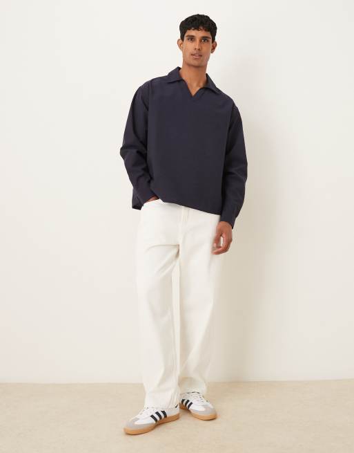 ASOS DESIGN oversized textured shirt with open collar in navy, 2 of 5