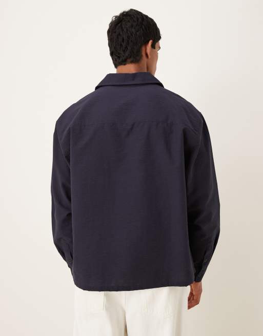 ASOS DESIGN oversized textured shirt with open collar in navy, 3 of 5