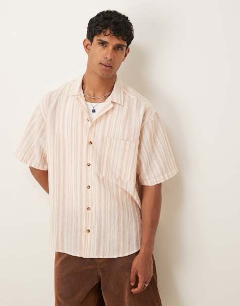 ASOS DESIGN oversized textured stripe shirt in beige - view 1