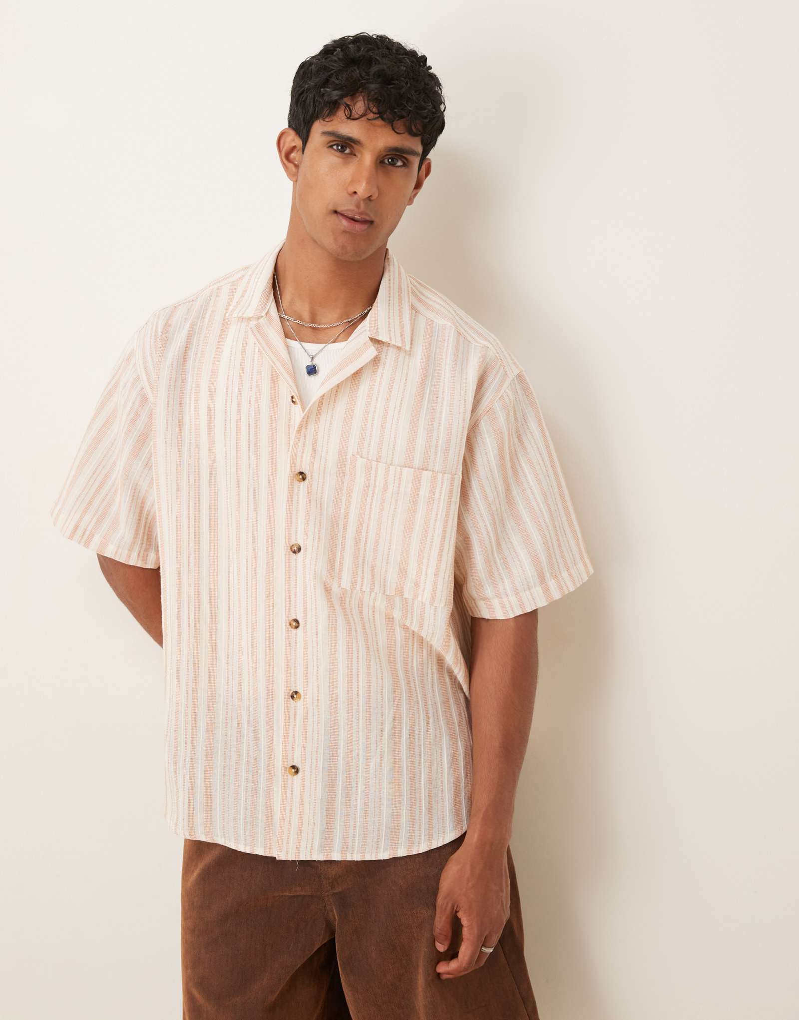Бежевая рубашка в полоску с текстурой оверсайз от ASOS DESIGN