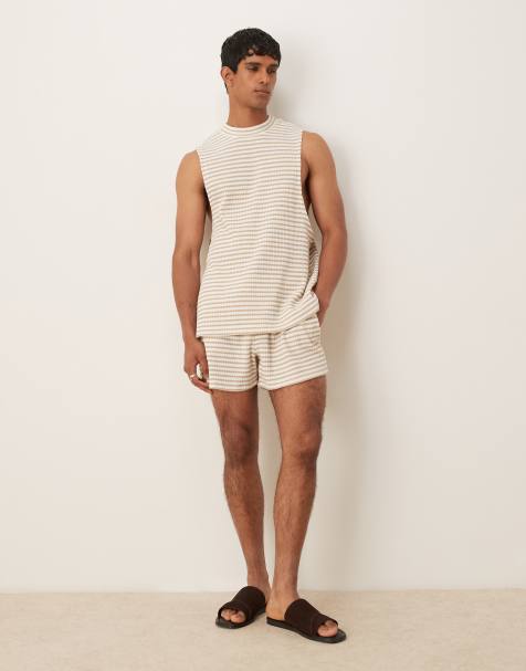 ASOS DESIGN oversized textured stripe short in beige - view 1