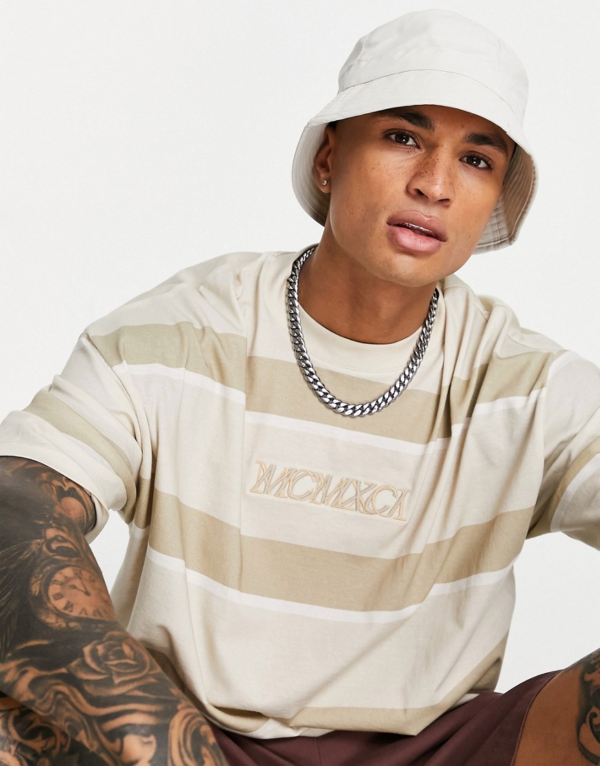 ASOS DESIGN oversized textured stripe t-shirt in beige with roman numeral embroidery-Brown