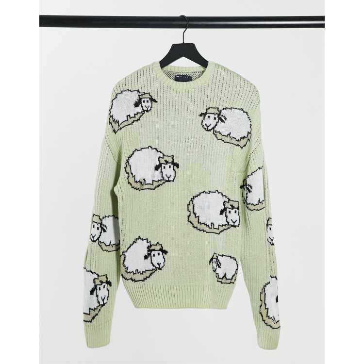 ASOS DESIGN oversized textured sweater with sheep design in sage