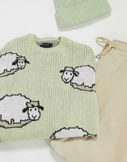 ASOS DESIGN oversized textured sweater with sheep design in sage green