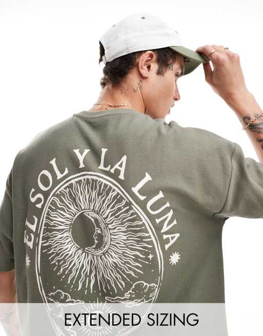 ASOS DESIGN oversized textured t-shirt in khaki with back print