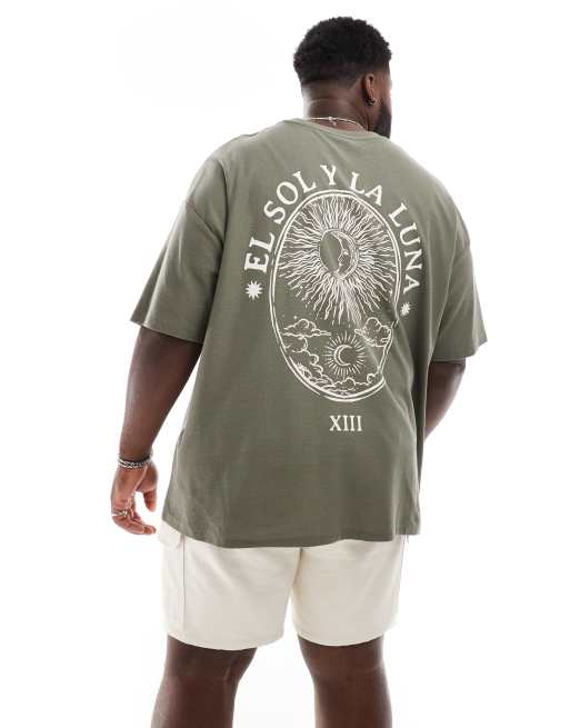 ASOS DESIGN oversized textured t-shirt in khaki with back print