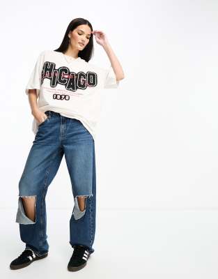 ASOS DESIGN oversized textured t-shirt with chicago graphic in cream-White