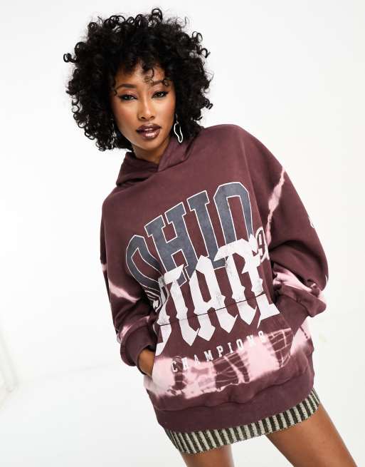 ASOS DESIGN oversized tie dye hoodie with ohio graphic in burgundy