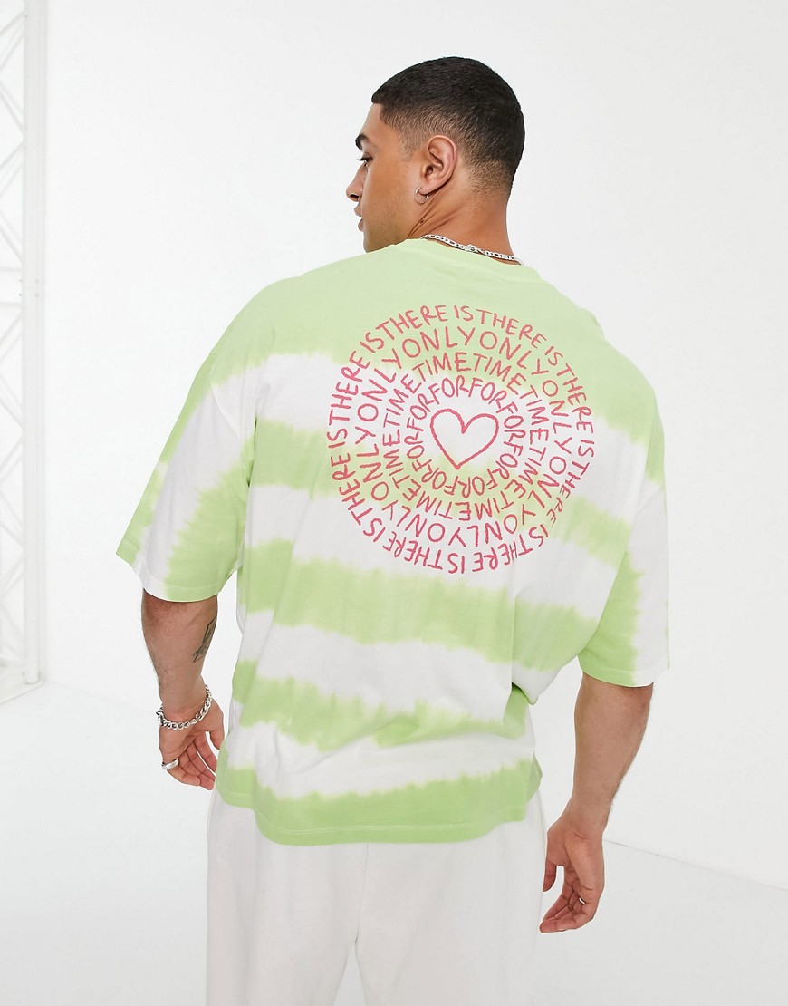 ASOS DESIGN oversized tie dye stripe t-shirt in green with back print-Multi