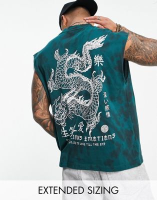 ASOS DESIGN oversized tie dye vest in green with souvenir dragon back print
