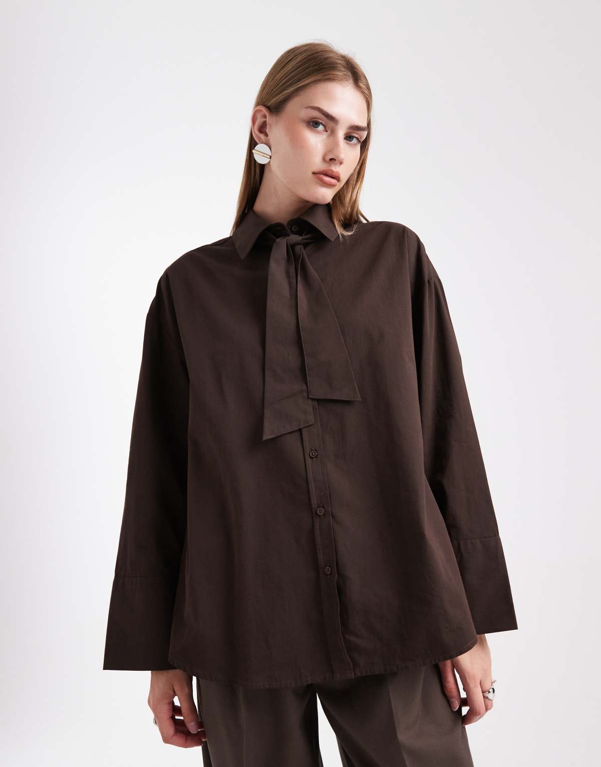 ASOS DESIGN oversized tie neck shirt in chocolate