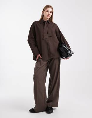 Asos Design Oversized Tie Neck Shirt In Brown