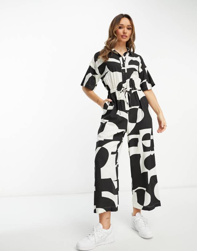 ASOS DESIGN oversized tie waist shirt jumpsuit in abstract print