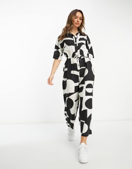 ASOS DESIGN oversized tie waist shirt jumpsuit in abstract print