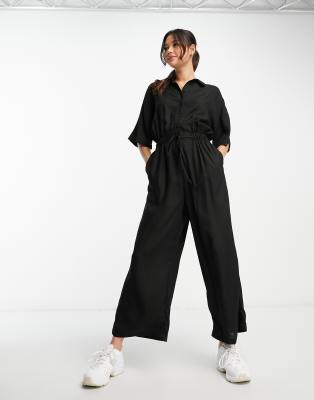 Asos Design Oversized Tie Waist Shirt Jumpsuit In Black