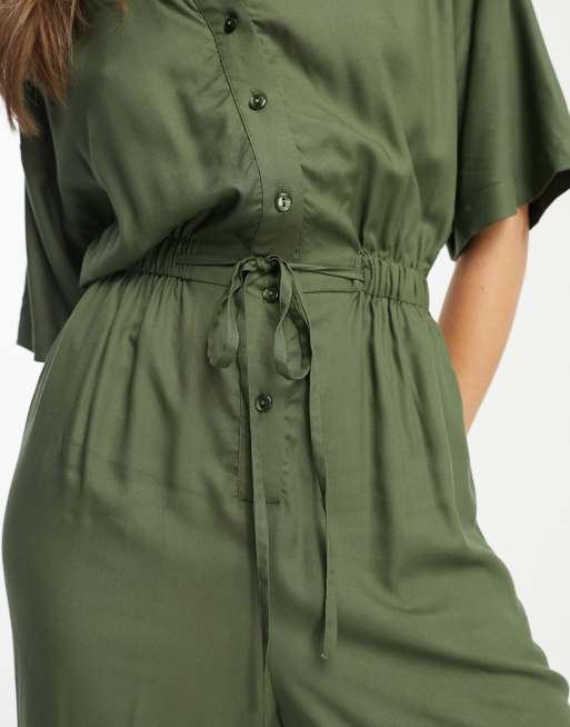 ASOS DESIGN oversized tie waist shirt jumpsuit in khaki