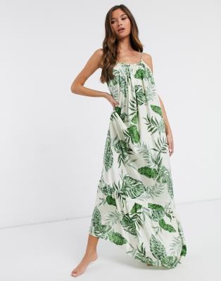 white and green palm leaf dress