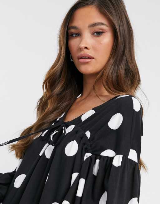 ASOS DESIGN oversized tiered smock dress in black and white polka dot