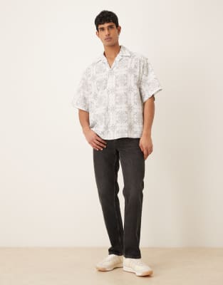 Asos Design Oversized Tile Print Shirt In Neutral