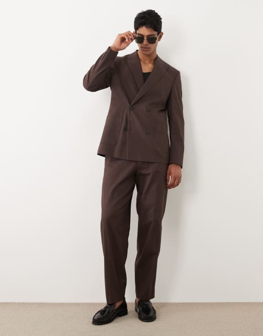 ASOS DESIGN - Regular-fit double breasted pak van katoen met linnenlook in bruin, 3 van 3