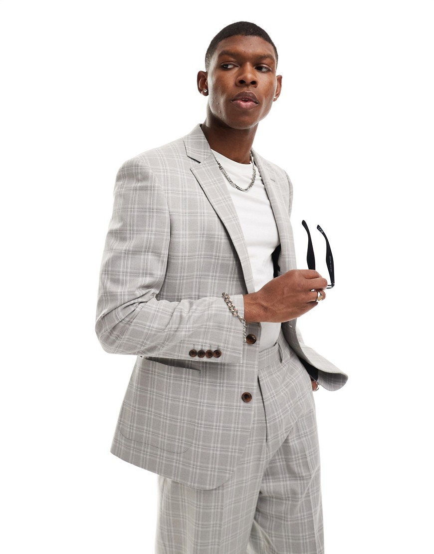 ASOS DESIGN oversized tonal check suit jacket in grey