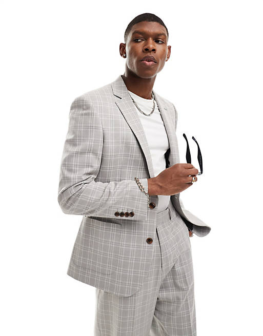 ASOS DESIGN oversized tonal plaid suit jacket in gray | ASOS